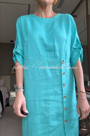 Ultra-comfortable Linen Blend Half Sleeve Front Button Detail Relaxed Pocket Midi Dress