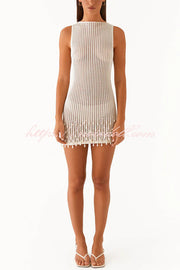 Fashion Knit Hollow Beaded Tassel Embellished Sleeveless Slim Mini Dress