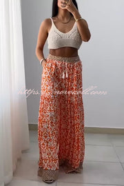 Unique Print Elastic High Waist Tie Pocket Wide Leg Pants