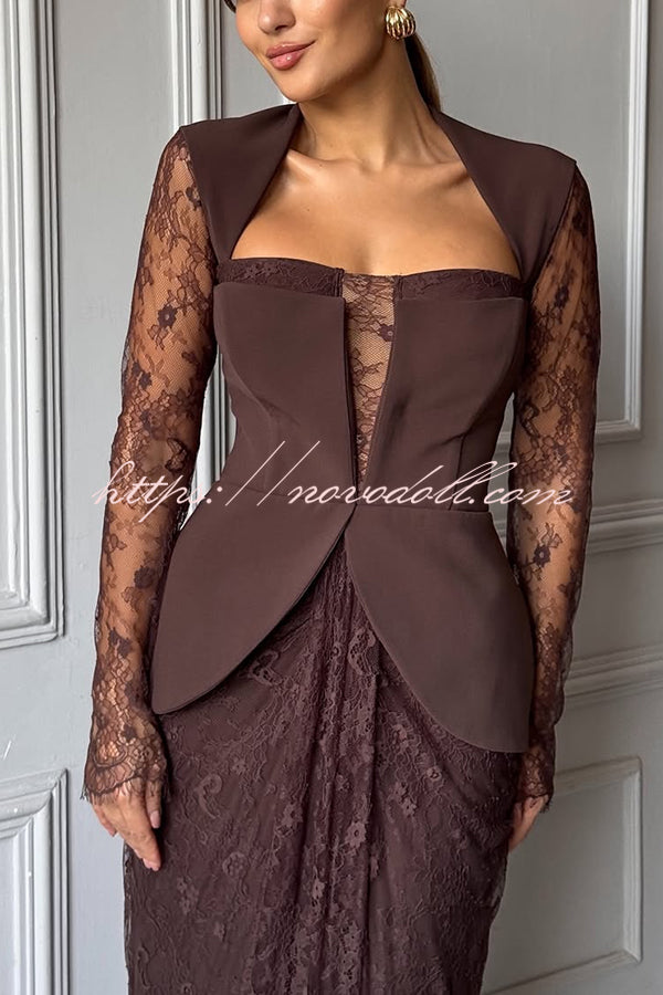Belle Contrast Sheer Lace Fabric Patchwork Square Neck Long Sleeve Drape Maxi Dress
