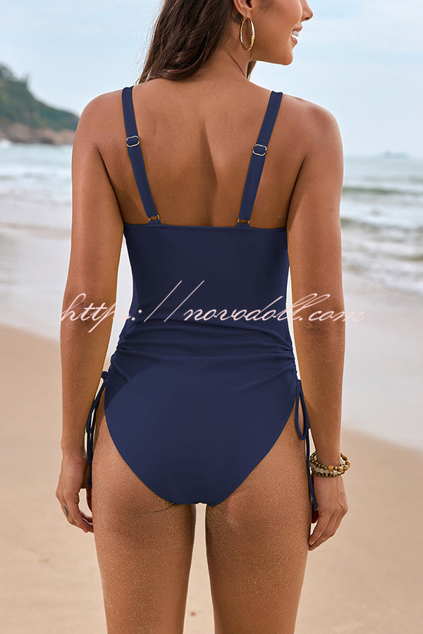 Solid Color Drawstring Waist Mesh One-Piece Swimsuit