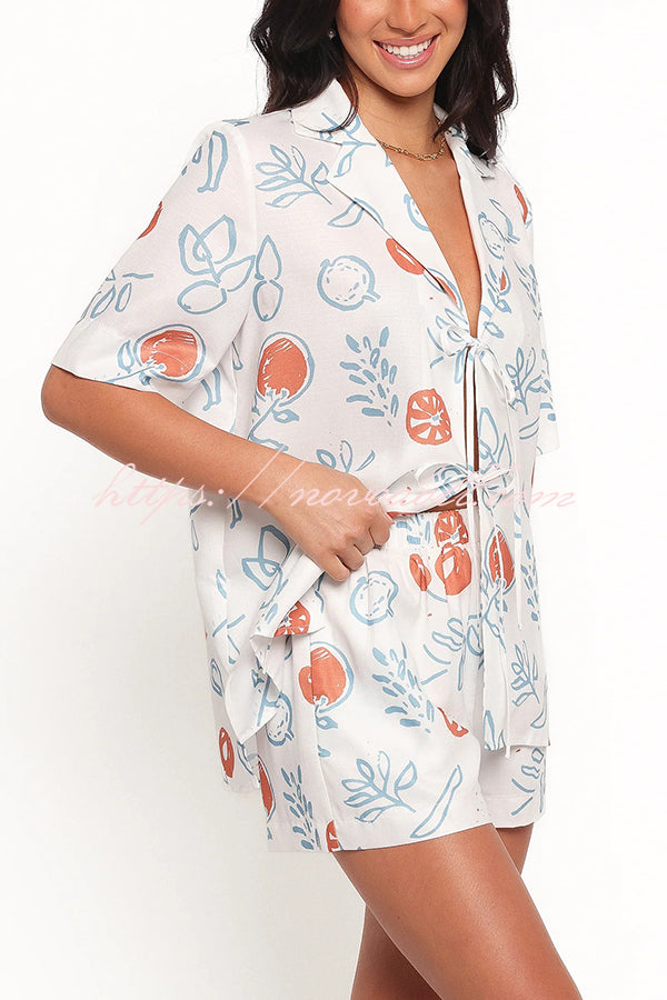 Graffiti Fruit Print Lapel Tie Short Sleeve Top and Elastic Waist Loose Pocket Shorts Set