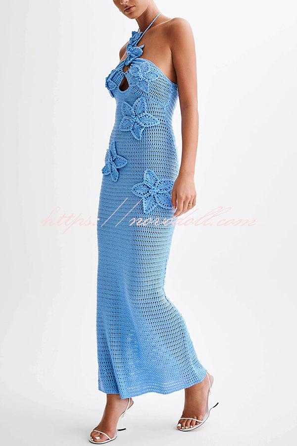 Call It Chic Knit Floral Crochet Halter Fishtail Hem Maxi Dress