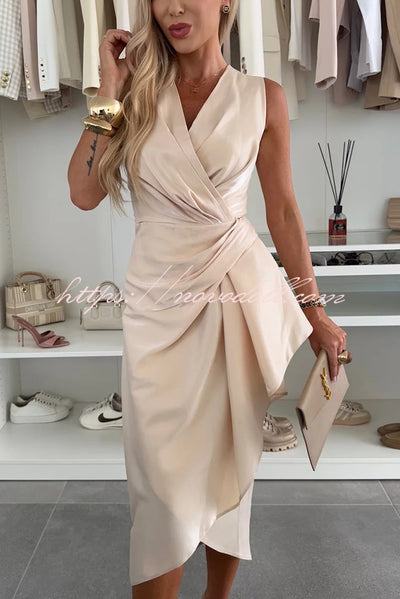 A Touch of Romance Satin V-neck Ruched Irregular Ruffle Midi Dress