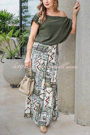 Terrace View Off Shoulder Tie Loose Top and Elastic Waist Unique Print Loose Pants Set