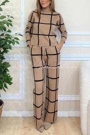 Fashionable Plaid Turtleneck Long Sleeve Top and Elastic Waist Tie Pocket Pants Set