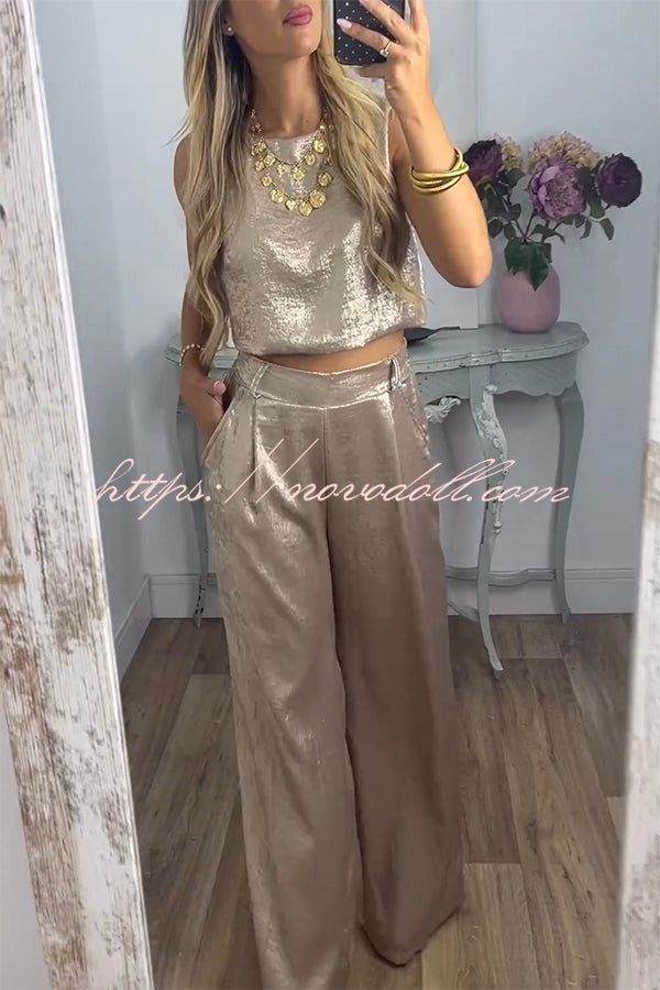 Rita Metallic Fabric Back Buttons Crop Tank and Elastic Waist Pocketed Wide Leg Pants Set