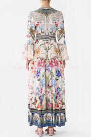 Fairy Tale Print V-Neck Lantern Sleeve Waist Maxi Dress