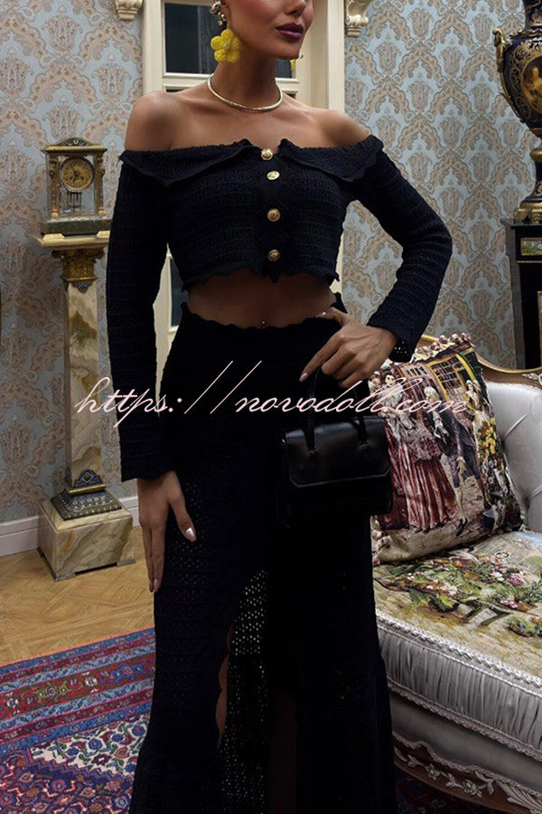 Fashion Knitted Off-the-shoulder Long-sleeved Top and Elastic Slit Maxi Skirt Set