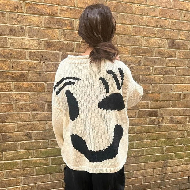 Feel Good Knit Colorful Smiley Face Loose Pullover Sweater