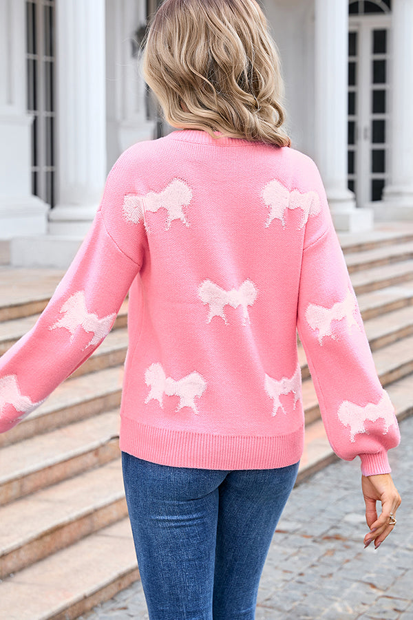 Fashionable Round Neck Long Sleeve Knitted Bow Sweater