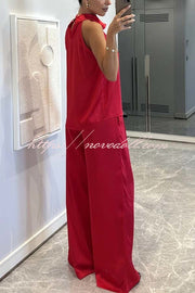 Classic on You Satin High Cowl Neck Top and Elastic Waist Pocket Loose Pants Set