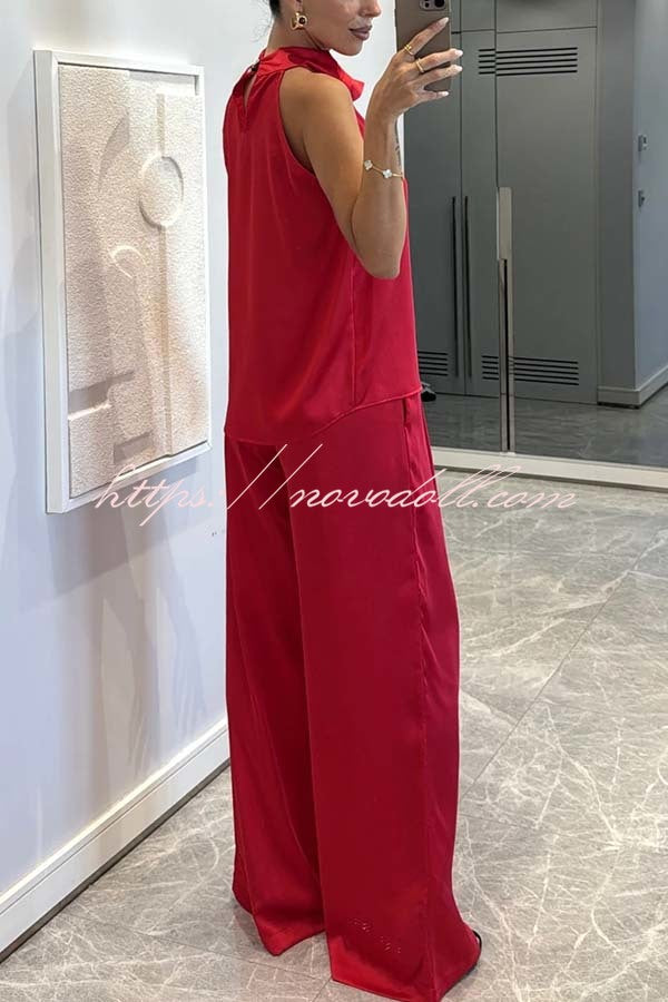 Classic on You Satin High Cowl Neck Top and Elastic Waist Pocket Loose Pants Set