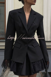 Solid Color Lace Panel Long Sleeve Button Elegant Blazer