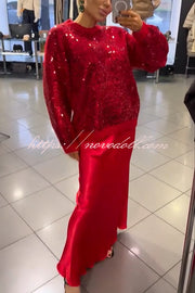 Celebration Day Sequin Patchwork Loose Sweatshirt and Satin Elastic Waist Maxi Skirt Set