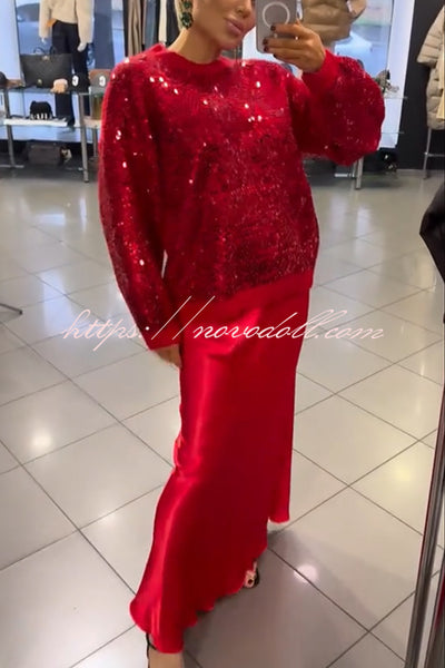 Celebration Day Sequin Patchwork Loose Sweatshirt and Satin Elastic Waist Maxi Skirt Set