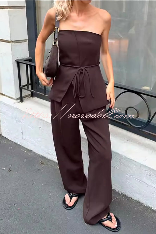 Retro Style Lace-up Tube Top and Casual Pocket Straight Pants Set