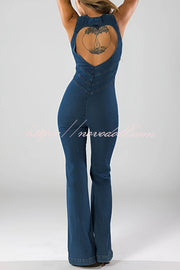 Fashionable Heart Hollow Back Slim High Waist Flared Denim Jumpsuit