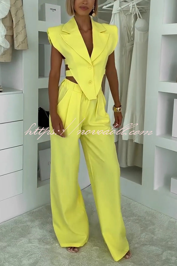 Fashion Style Lapel Waist-baring Irregular Vest and  Elastic Waist Pocket Loose Pants Set