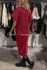 Solid Color Glossy V-neck Short-sleeved Loose Midi Dress