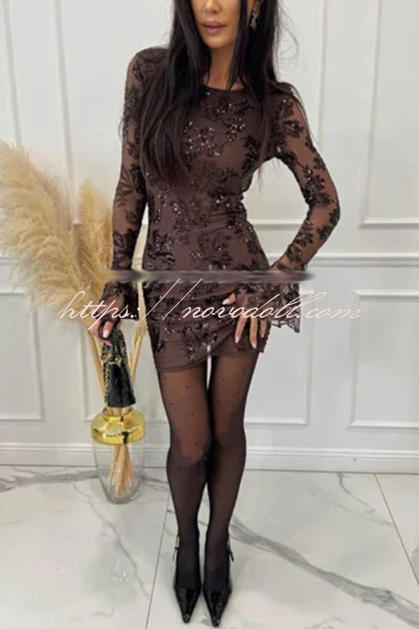 Deep and Dazzling Floral Texture Sequin Long Bell Sleeve Open Back Mini Dress