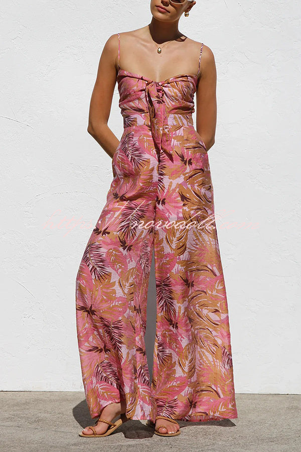 Botanical Print Strappy Resort Style Wide-leg Pants Jumpsuit