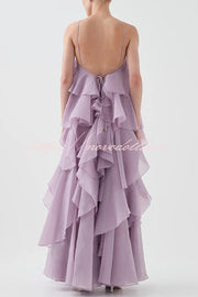 Free - Flowing Rose Detail Tiered Ruffles Halter A-line Maxi Dress
