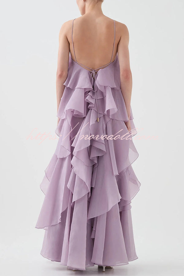 Free - Flowing Rose Detail Tiered Ruffles Halter A-line Maxi Dress