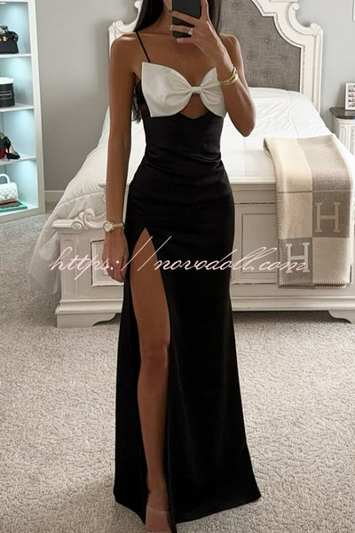 Eleanor Satin Black and White Bow Slit Gown Maxi Dress