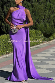 Crush on You Satin One Shoulder Backless Cape Maxi Dress