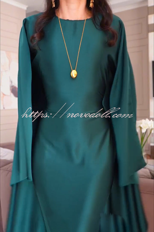Dignified and Elegant Satin Batwing Sleeve with Waist Tie Design A-line Maxi Dress