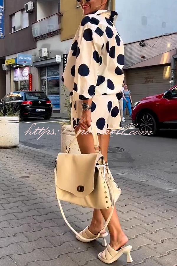 Giselle Linen Blend Polka Dot Print Lapel Long Sleeve Shirt and Elastic Waist Pocket Shorts Set