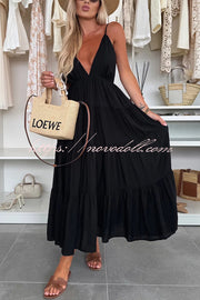 Bohemian Style V-neck Backless Slip Layered Vacation Maxi Dress