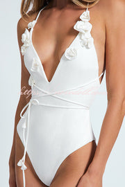 Solid Color Lace-up Flower Decoration Stretch One-piece Swimsuit