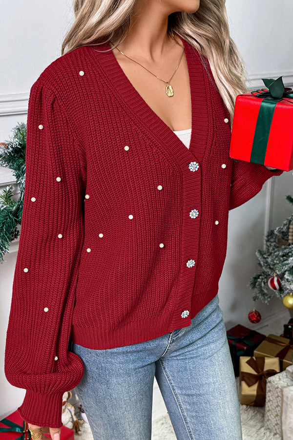 Christmas Pearl Embellished Casual V-Neck Knitted Cardigan