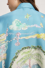 Unique Printed Lapel Short-sleeved Loose Shirt and Elastic Waist Tie Wide-leg Pants Set