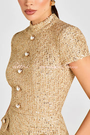Gold Standard Tweed Fabric Pearl Button Short Sleeve Pocketed Mini Dress