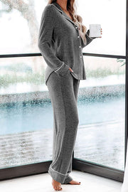 Home-style Loose-fitting Long-sleeved Pocket Shirt and Elastic Waist Casual Pants Set