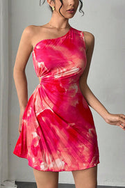 Fashion Tie-Dye One-Shoulder Hollow Pleated Mini Dress