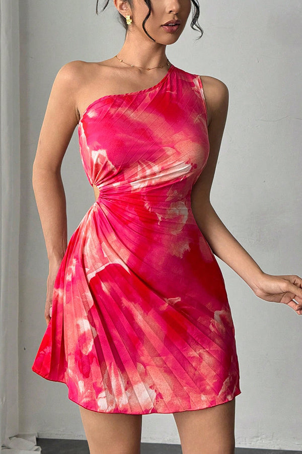Fashion Tie-Dye One-Shoulder Hollow Pleated Mini Dress