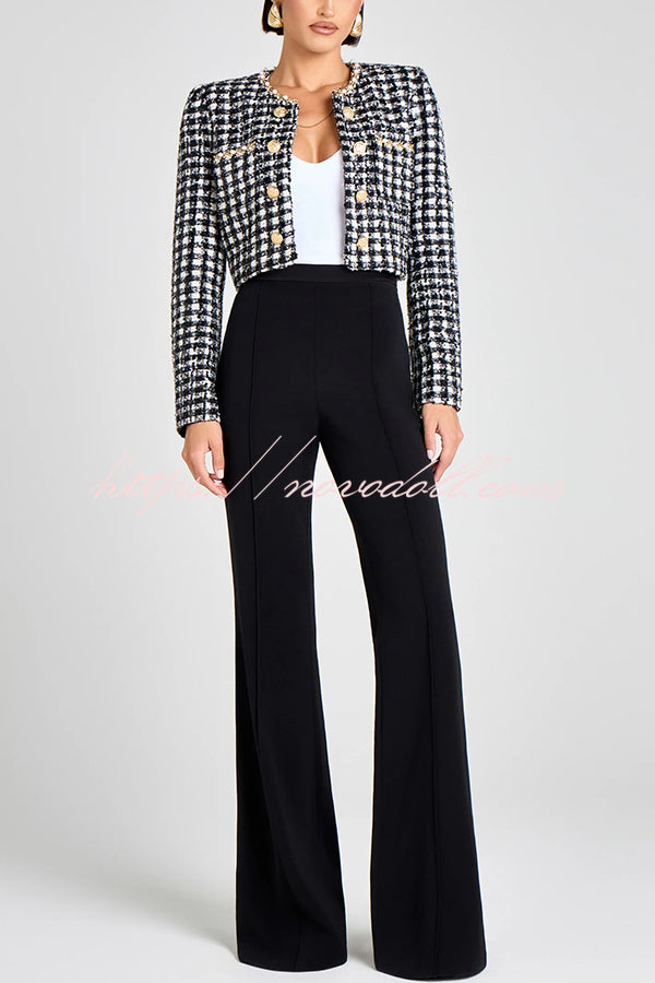 Remy Check Bouclé-tweed Fabric Pearl Trim Gold Button Long Sleeve Jacket