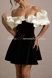 Brynne Satin Cloud Shape Puff Sleeve Velvet Stretch Mini Dress