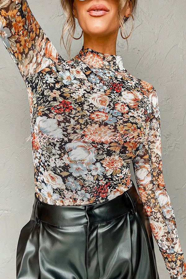 Floral Print Turtleneck Long Sleeve Stretch Bottoming Shirt