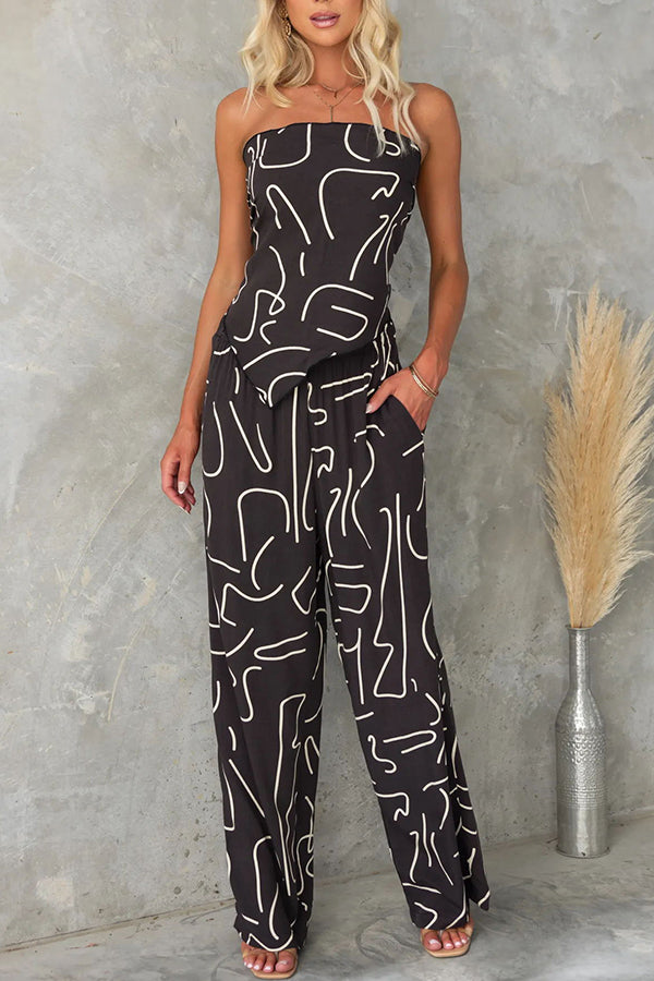 Fun Printed Off The Shoulder Top and Elastic Waist Pocket Pants Set