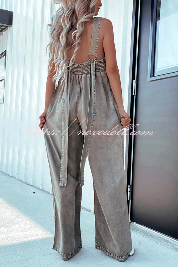 Solid Color Sexy V-neck Open Back Pleated Loose Denim Jumpsuit