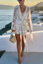 Beach Elegance Floral Lace Long Sleeve Wrap Tie-up Vacation Mini Dress