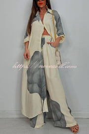 Unique Printed Casual Loose Long Shirt and Elastic Waist Pocket Wide Leg Pants Set