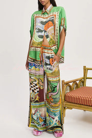 Unique Printed Lapel Short-sleeved Loose Shirt and Elastic Waist Tie Wide-leg Pants Set