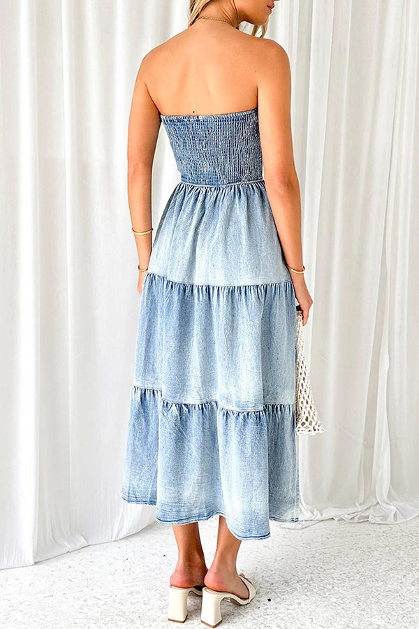 Asmn Off Shoulder Pleated Paneled Denim Maxi Dress