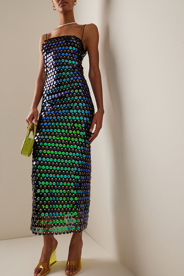 Sexy Sequined Halter-neck Backless Slim Fit Slit Midi Dress